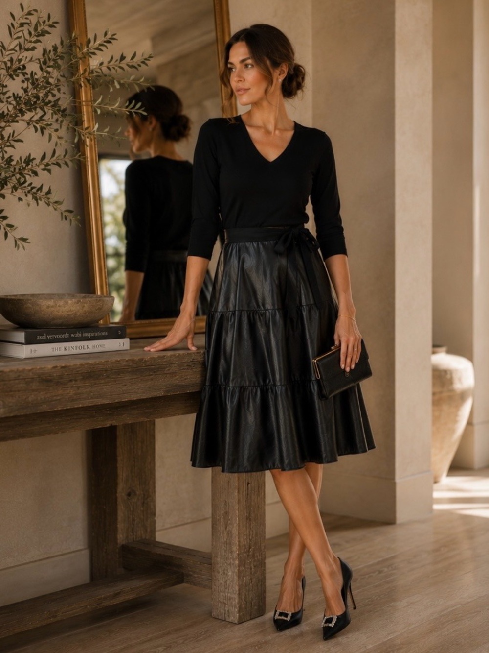 Anthropologie Maeve Faux Leather Tiered Midi Dress Belted Black 6P